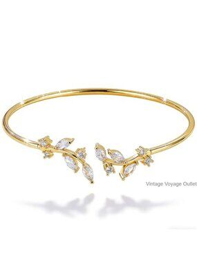 Leaf Arm Wrap Bracelet Cubic Zirconia Silver Plated Copper Cuff Bridal Jewelry